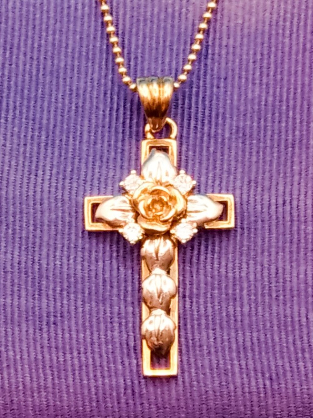 925 Sterling Silver Gold Vermeil Ornate Cross Rose Leaves CZ Two Tone Necklace